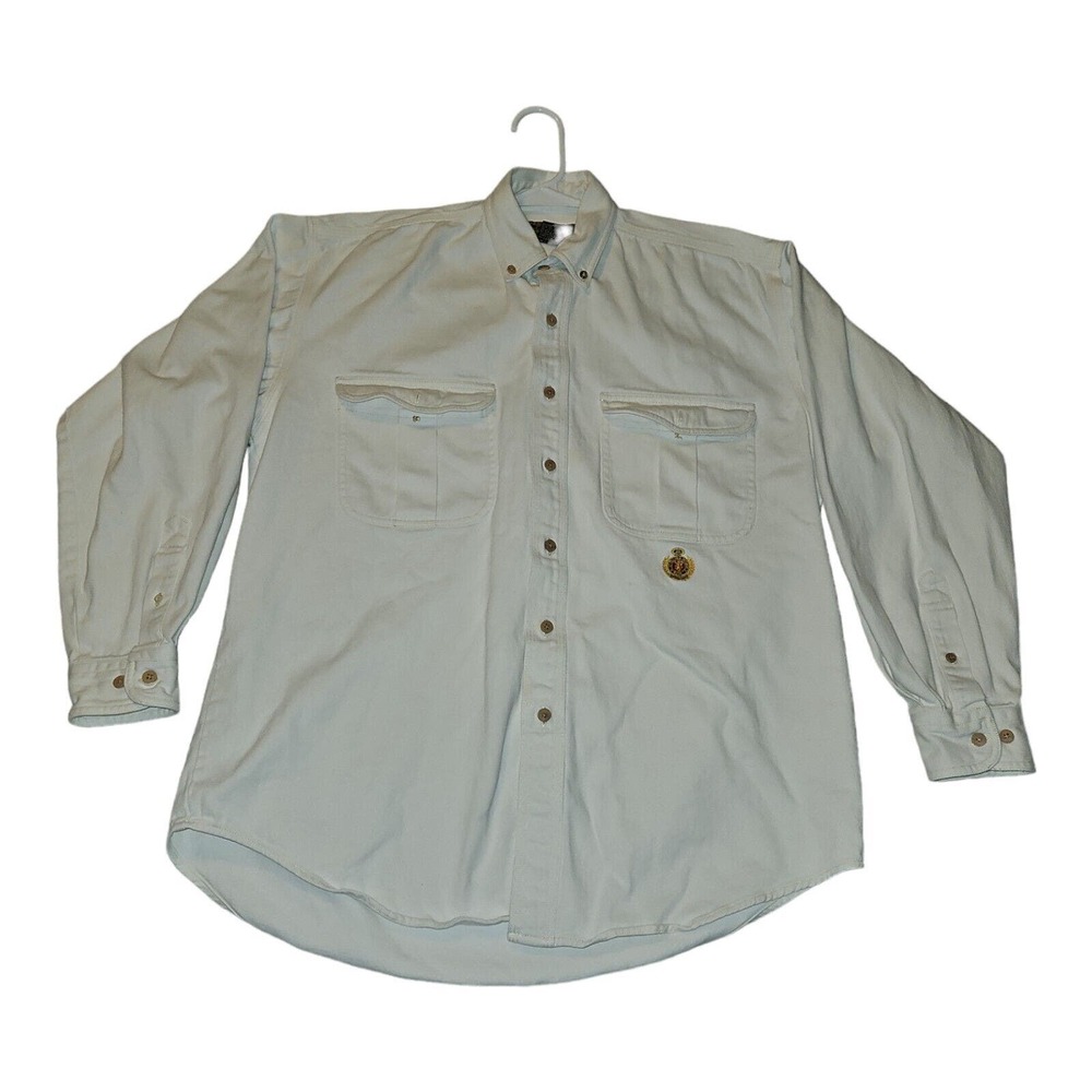 Vintage J.Riggings Hunting Horn Button Down Shirt Medium Men's White Embroidered